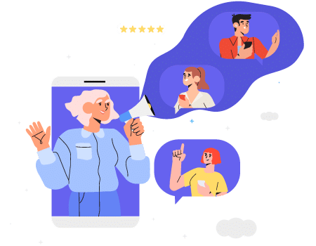 Ilustrație de marketing digital care arată o persoană vorbind &icirc;ntr-un megafon dintr-un ecran de telefon, cu trei utilizatori conectați prin nori de chat, simboliz&acirc;nd comunicarea online eficientă. Include elemente de evaluare stea, suger&acirc;nd servicii de marketing PPC de calitate &icirc;n Rom&acirc;nia.