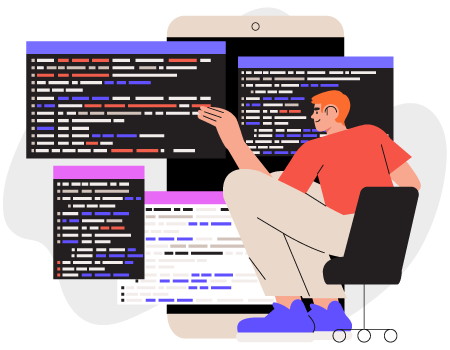 Ilustrație cu o persoană analizând mai multe ecrane cu cod, simbolizând optimizarea SEO profesională și locală.