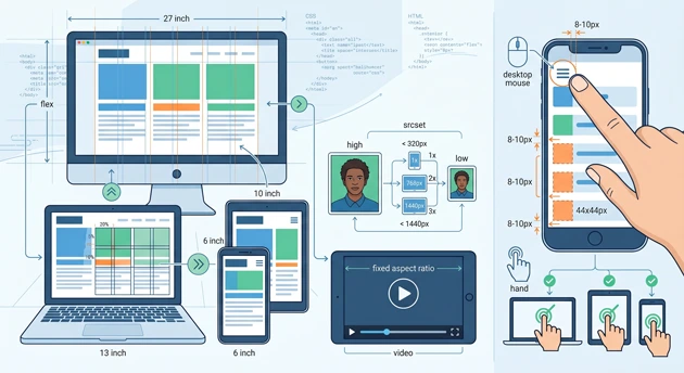 Diagramă-explicativă-despre-cum-sa-creezi-un-site-web-responsive-arăt&acirc;nd-adaptarea-pe-dispozitive-optimizarea-imaginilor-și-designul-pentru-touch